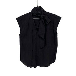 Ann Taylor Tie V Neck Blouse Size XS Black Bow Cotton Rayon Career Office Wear